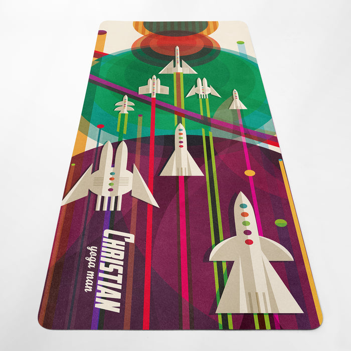 Space Adventure Yoga Mat – Non-Slip AstroFit Fitness Rug – Customizable Pilates Mat with Airplane & Spaceship Design by ShopyLand, Y180