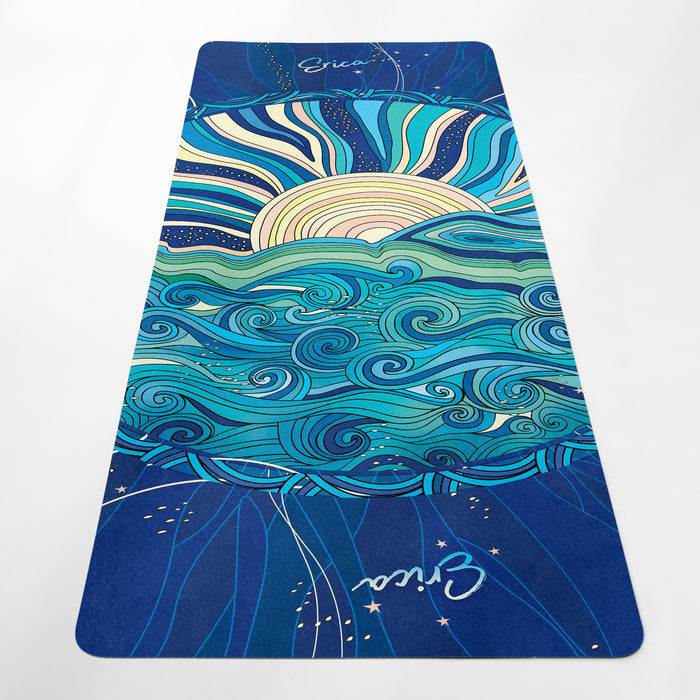 Personalized Ocean Sunset Yoga Mat – Custom Name Sea Waves Pilates Mat – Hand-Drawn Sunset Fitness Pad by ShopyLand, Y186