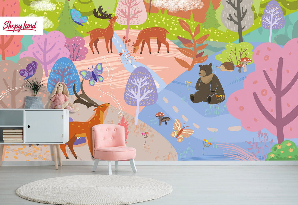 Magic Forest Peel and Stick Wallpaper, Kids Removable Wallpaper, Hand-painted Wallpaper, Modern Nursery Room, W179