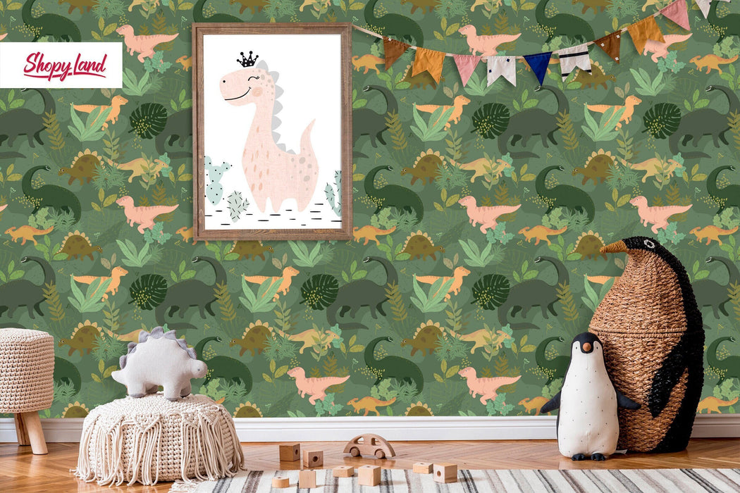 Dino Nursery Removable Wallpaper, Cute Dinosaur Wallpaper, Dinosaurs Peel and Stick Wallpaper, Baby Dinosaur Wallpaper, W191