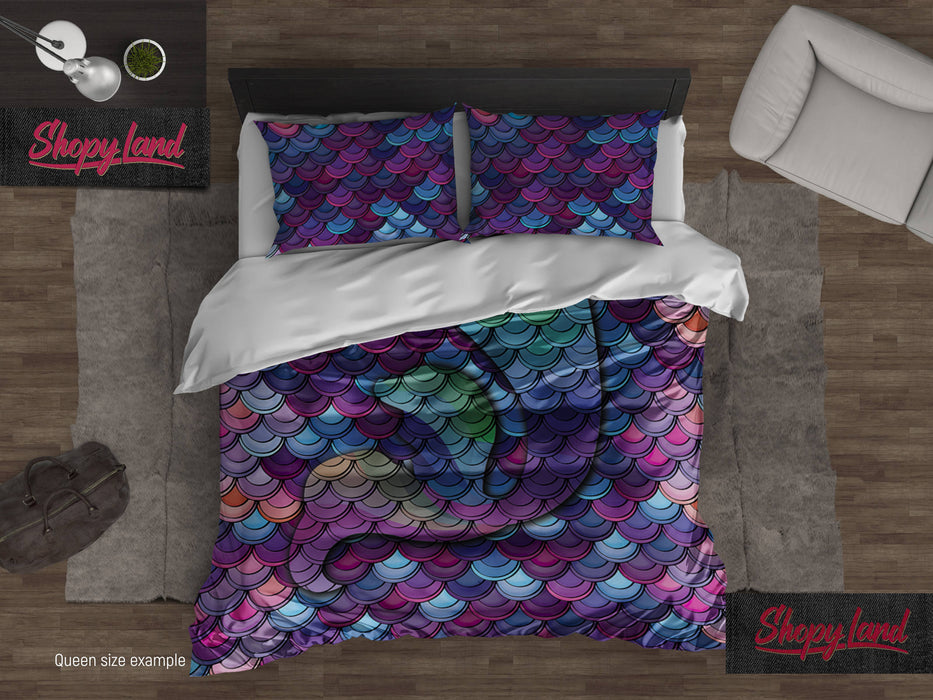 Queen Size Colorful Ocean Scales Bedding Set, Mystical Mermaid Tail Duvet Cover, Backside color White, B70