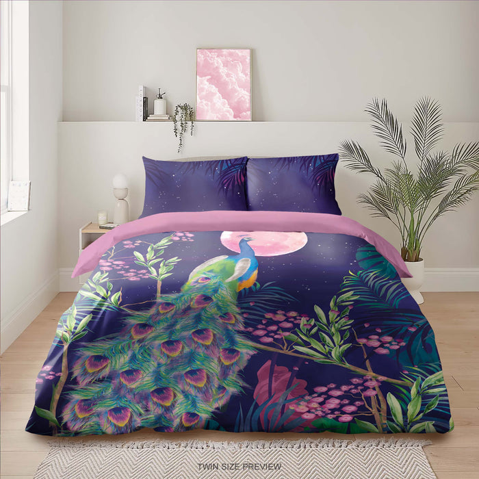 Night Peacock Bedding Set – Watercolor Duvet Cover & Pillow Shams – Elegant Bird Design by ShopyLand, B138