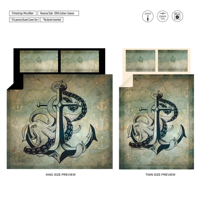 Coastal Octopus Bedding Set – Marine Anchor Duvet Cover – Nautical Bedroom Comforter by ShopyLand, B152