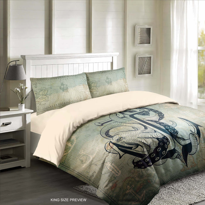 Coastal Octopus Bedding Set – Marine Anchor Duvet Cover – Nautical Bedroom Comforter by ShopyLand, B152