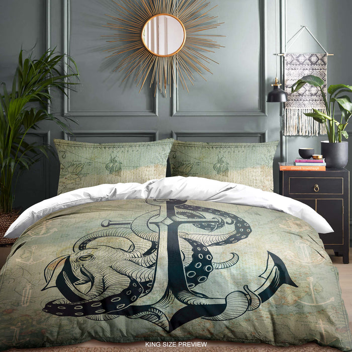 Coastal Octopus Bedding Set – Marine Anchor Duvet Cover – Nautical Bedroom Comforter by ShopyLand, B152