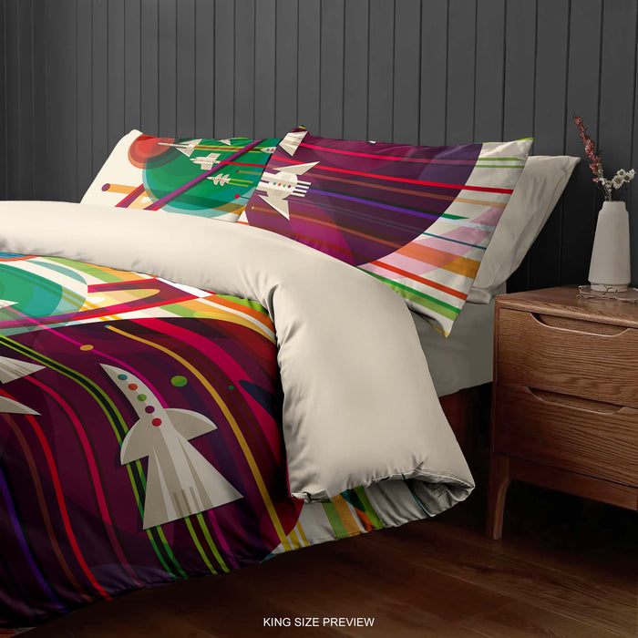 Colorful Space Adventure Bedding Set – Galaxy Rocket Duvet Set - Space Journey Comforter by ShopyLand, B180