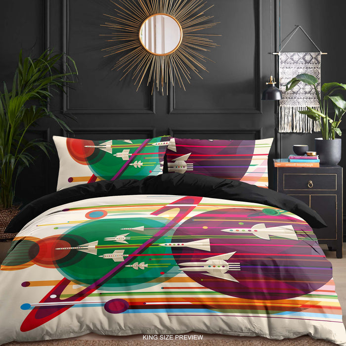 Colorful Space Adventure Bedding Set – Galaxy Rocket Duvet Set - Space Journey Comforter by ShopyLand, B180