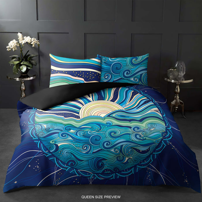 Sea Sun Boho Bedding Set – Ocean Waves Duvet Cover & Vintage Comforter by ShopyLand, B186