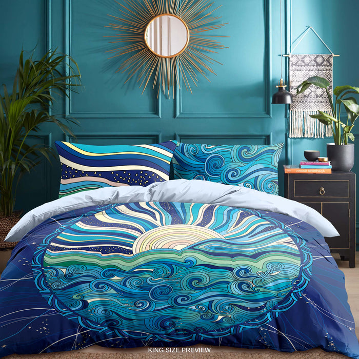 Sea Sun Boho Bedding Set – Ocean Waves Duvet Cover & Vintage Comforter by ShopyLand, B186