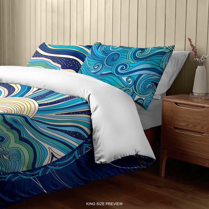 Sea Sun Boho Bedding Set – Ocean Waves Duvet Cover & Vintage Comforter by ShopyLand, B186