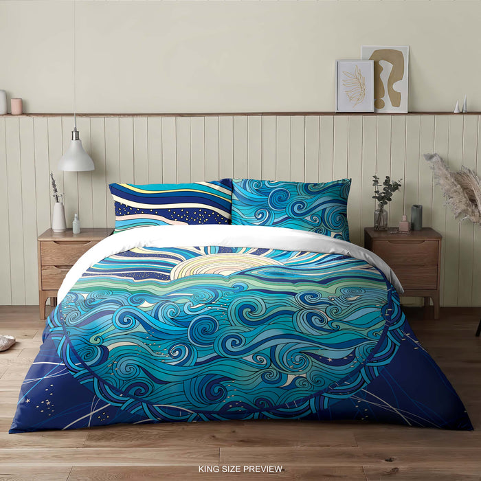 Sea Sun Boho Bedding Set – Ocean Waves Duvet Cover & Vintage Comforter by ShopyLand, B186