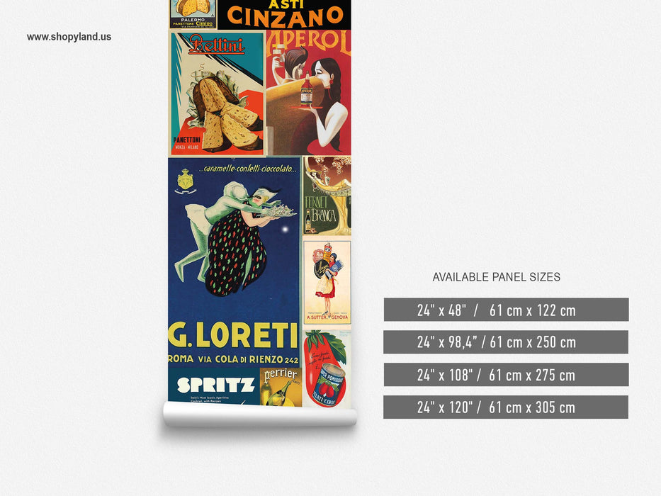 Italian Retro Advertising Wallpaper – Vintage Food & Drink Poster Collage -Old World European Wall Décor by ShopyLand, W200