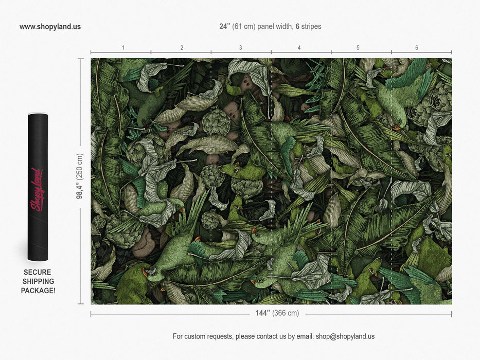 Tropical Parrot Botanical Wallpaper – Vibrant Jungle Birds Wall Mural - Peel & Stick or Traditional Installation by ShopyLand, W205