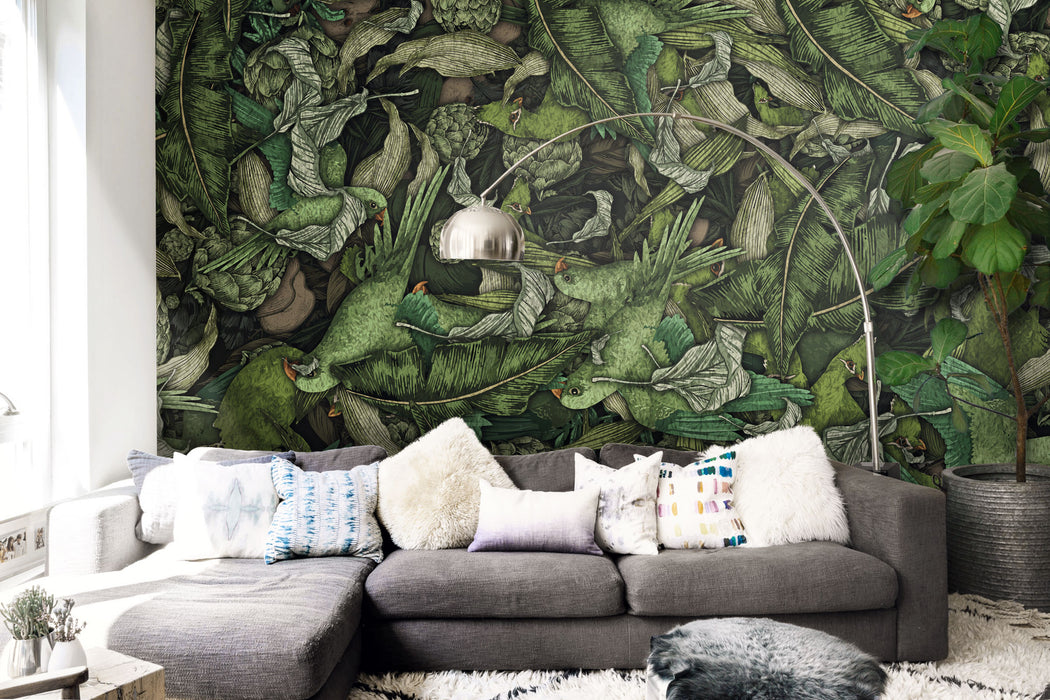 Tropical Parrot Botanical Wallpaper – Vibrant Jungle Birds Wall Mural - Peel & Stick or Traditional Installation by ShopyLand, W205