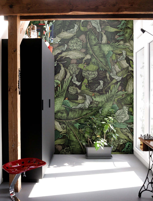 Tropical Parrot Botanical Wallpaper – Vibrant Jungle Birds Wall Mural - Peel & Stick or Traditional Installation by ShopyLand, W205