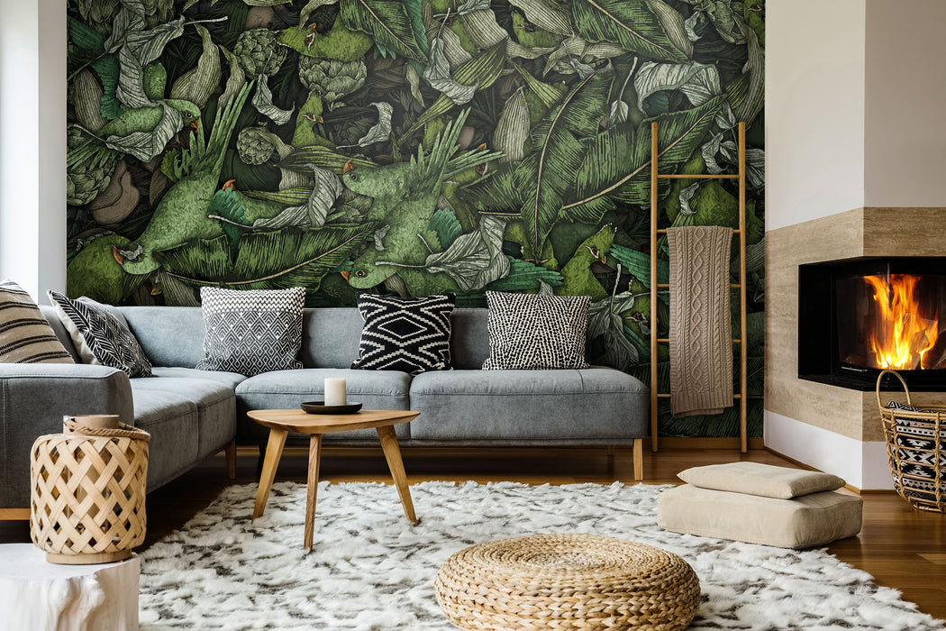 Tropical Parrot Botanical Wallpaper – Vibrant Jungle Birds Wall Mural - Peel & Stick or Traditional Installation by ShopyLand, W205