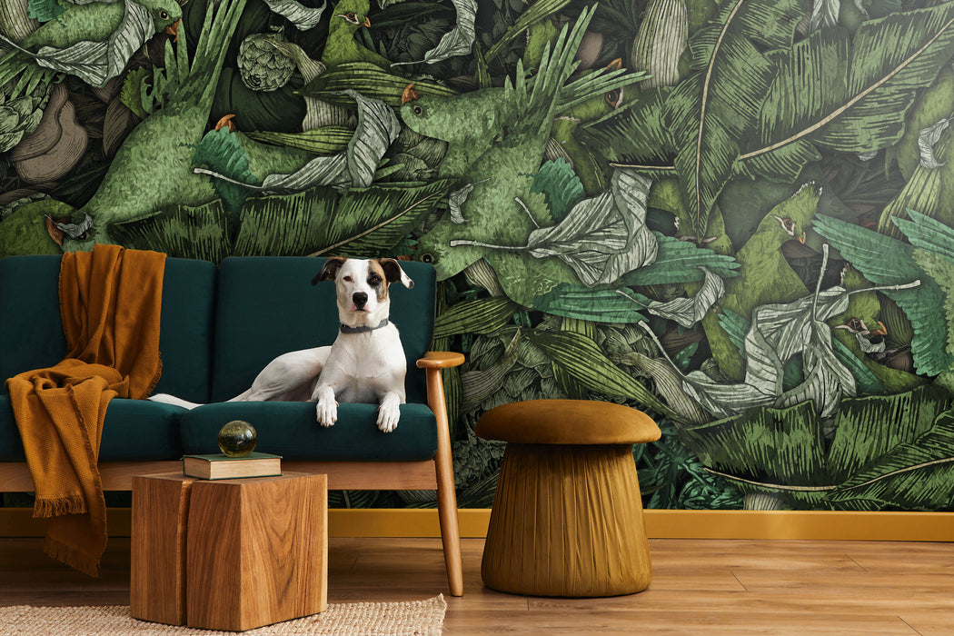 Tropical Parrot Botanical Wallpaper – Vibrant Jungle Birds Wall Mural - Peel & Stick or Traditional Installation by ShopyLand, W205