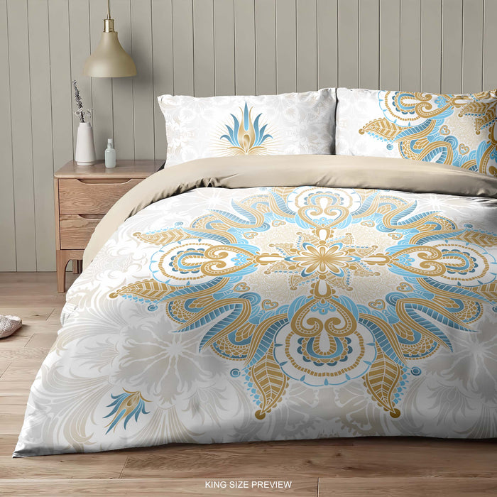 White Bohemian Mandala Bedspread, Eclectic Boho Chic Comforter, Sophisticated Luxe Bedding Set. B21