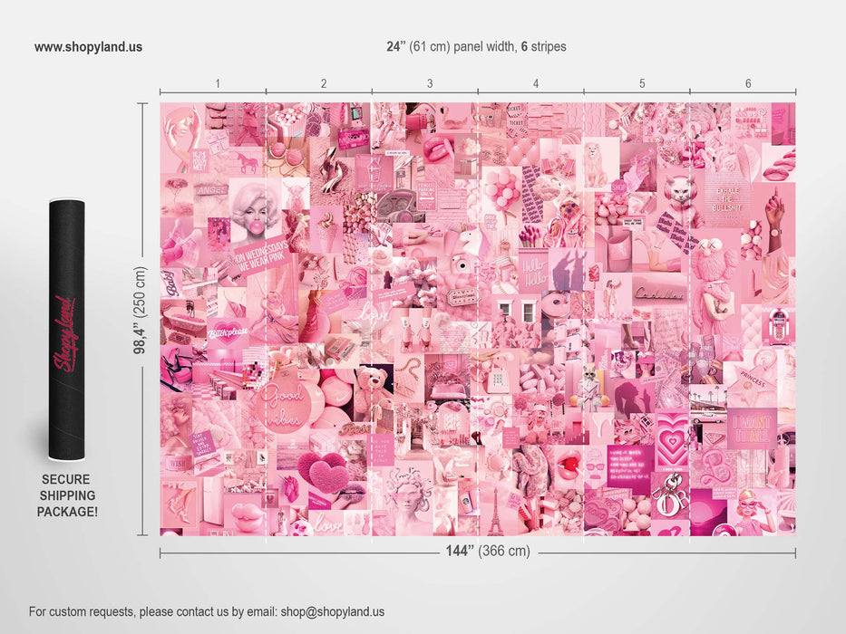 Fashion Pink Passion Aesthetic Collage Wallpaper - Trendy Pink Wall Mural - Peel and Stick or Non-Pasted Wall Décor by ShopyLand, W221