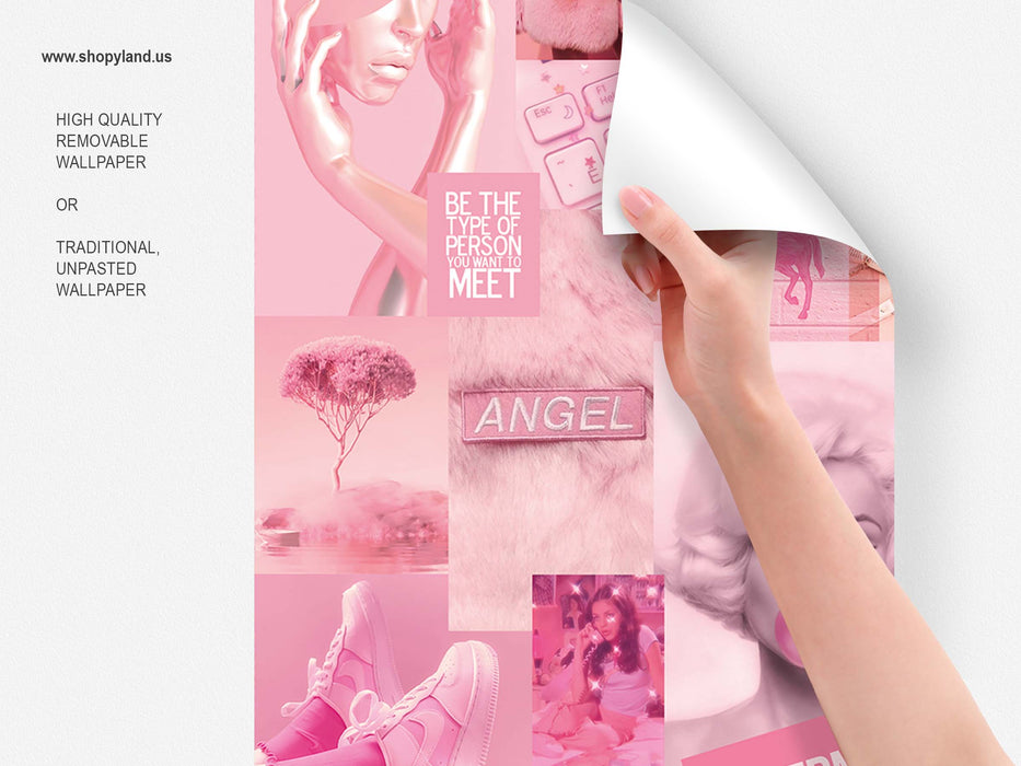 Fashion Pink Passion Aesthetic Collage Wallpaper - Trendy Pink Wall Mural - Peel and Stick or Non-Pasted Wall Décor by ShopyLand, W221