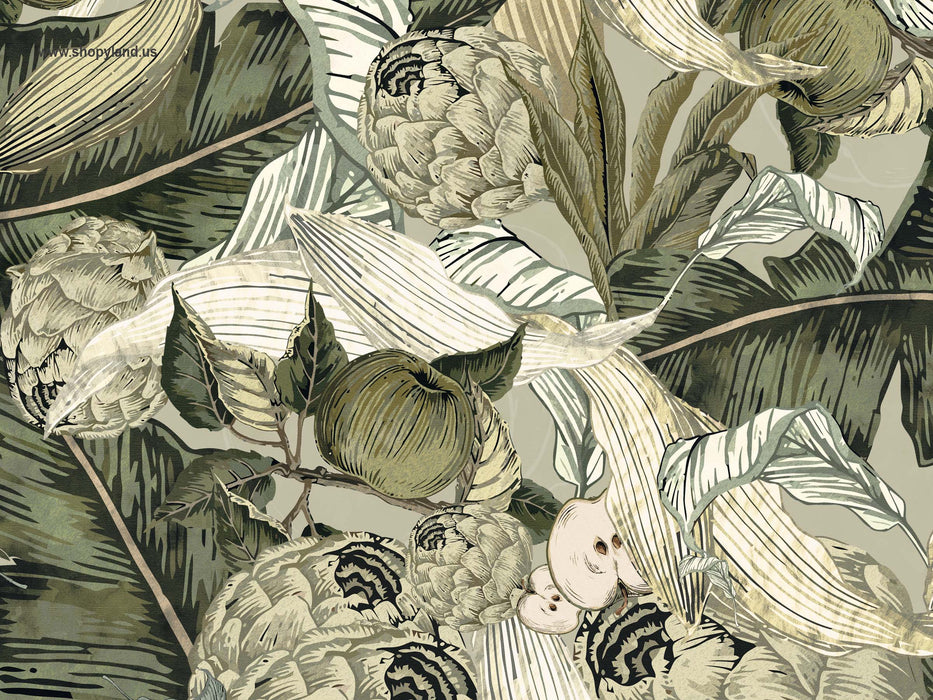 Pastel Green and Beige Botanical Wallpaper – Leaves & Fruits Wall Mural – Modern Nature Wall Decor by ShopyLand, W234