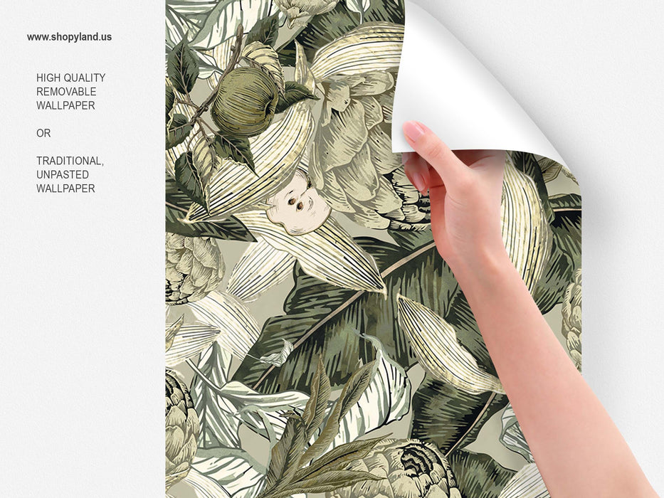 Pastel Green and Beige Botanical Wallpaper – Leaves & Fruits Wall Mural – Modern Nature Wall Decor by ShopyLand, W234