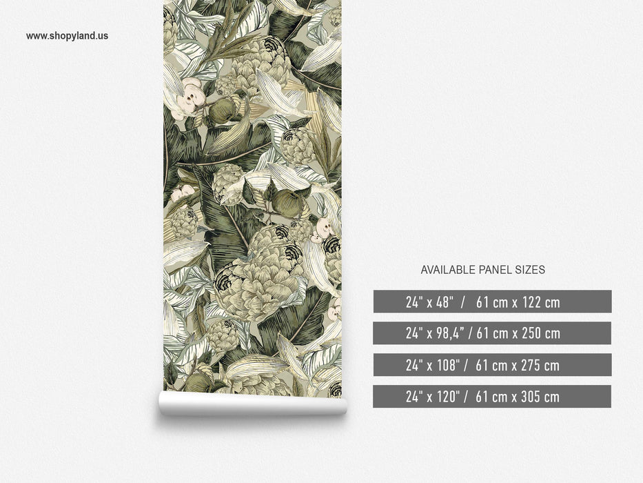 Pastel Green and Beige Botanical Wallpaper – Leaves & Fruits Wall Mural – Modern Nature Wall Decor by ShopyLand, W234