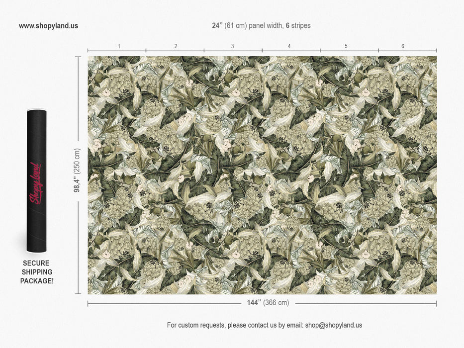 Pastel Green and Beige Botanical Wallpaper – Leaves & Fruits Wall Mural – Modern Nature Wall Decor by ShopyLand, W234