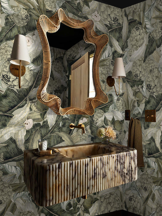 Pastel Green and Beige Botanical Wallpaper – Leaves & Fruits Wall Mural – Modern Nature Wall Decor by ShopyLand, W234