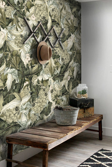 Pastel Green and Beige Botanical Wallpaper – Leaves & Fruits Wall Mural – Modern Nature Wall Decor by ShopyLand, W234