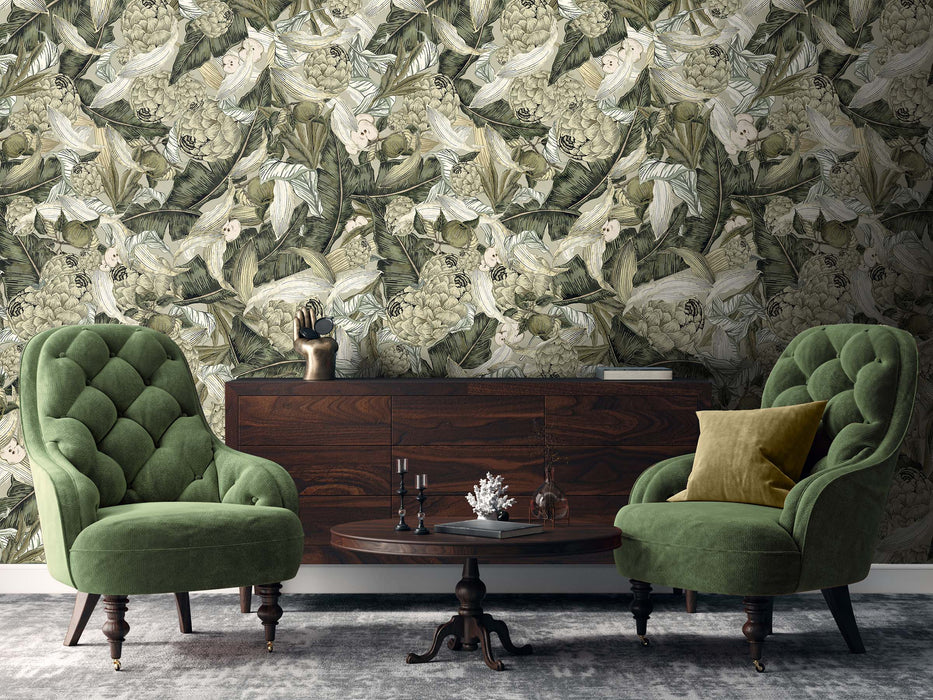 Pastel Green and Beige Botanical Wallpaper – Leaves & Fruits Wall Mural – Modern Nature Wall Decor by ShopyLand, W234