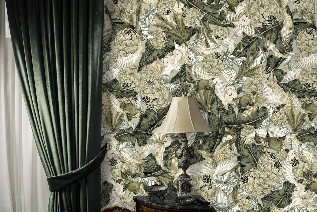 Pastel Green and Beige Botanical Wallpaper – Leaves & Fruits Wall Mural – Modern Nature Wall Decor by ShopyLand, W234