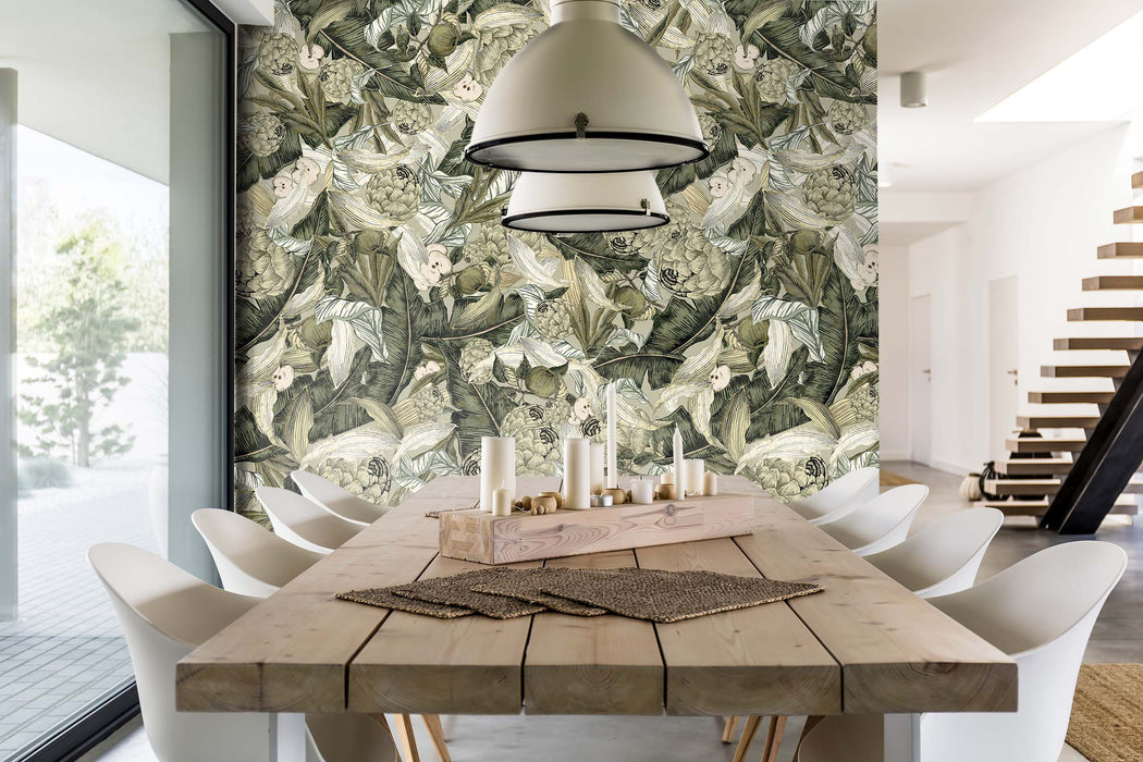 Pastel Green and Beige Botanical Wallpaper – Leaves & Fruits Wall Mural – Modern Nature Wall Decor by ShopyLand, W234