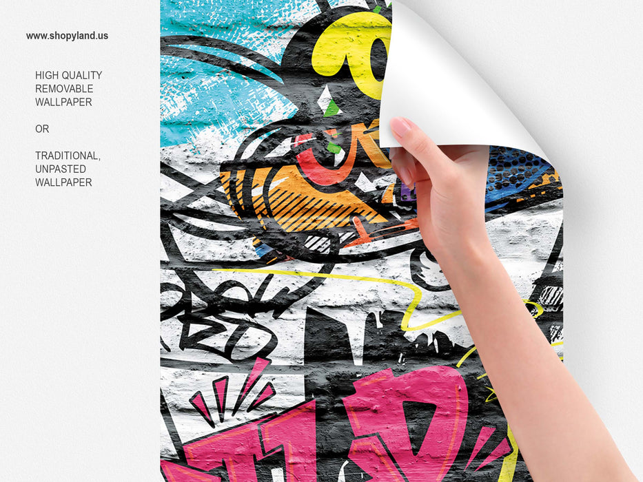 Градски Графити Тапет – Урбан Стрийт Арт на Тухлена Стена – Скейтборд Култура & Поп Арт, Самозалепващ или Традиционен от ShopyLand, W235