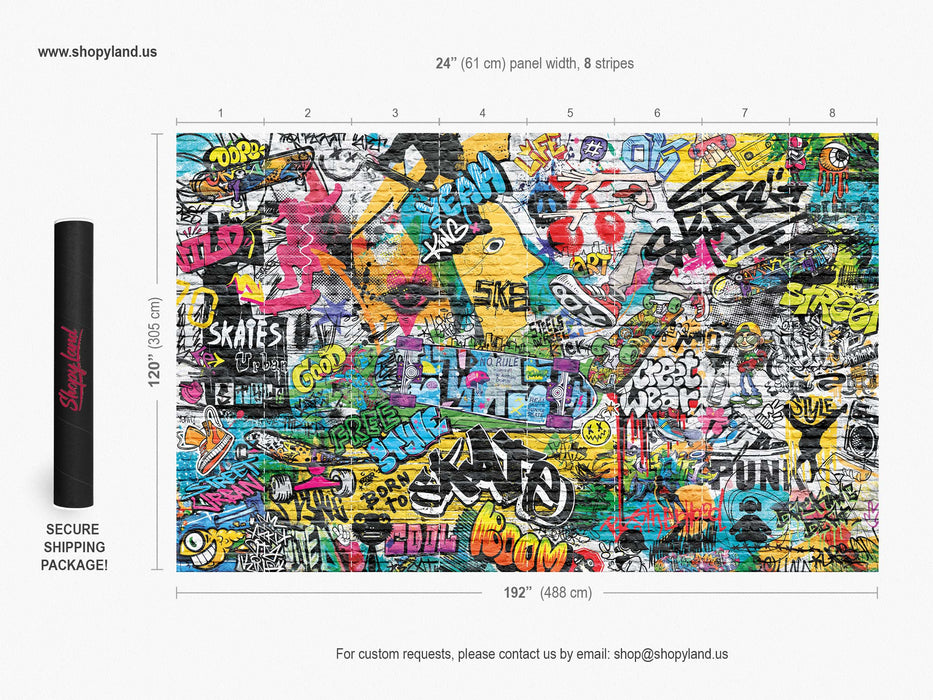 Градски Графити Тапет – Урбан Стрийт Арт на Тухлена Стена – Скейтборд Култура & Поп Арт, Самозалепващ или Традиционен от ShopyLand, W235