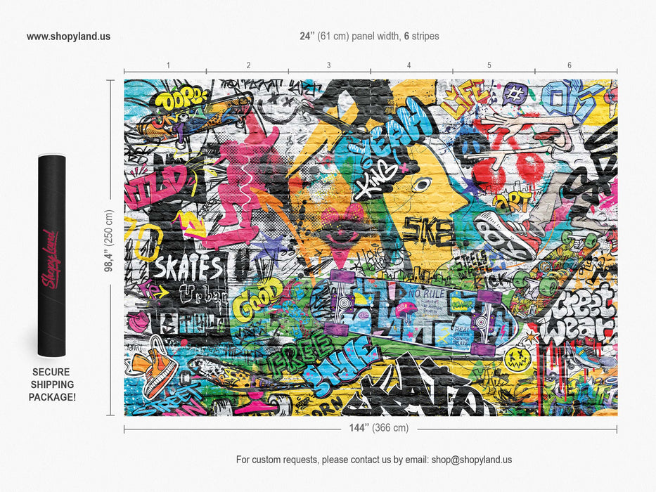 Градски Графити Тапет – Урбан Стрийт Арт на Тухлена Стена – Скейтборд Култура & Поп Арт, Самозалепващ или Традиционен от ShopyLand, W235