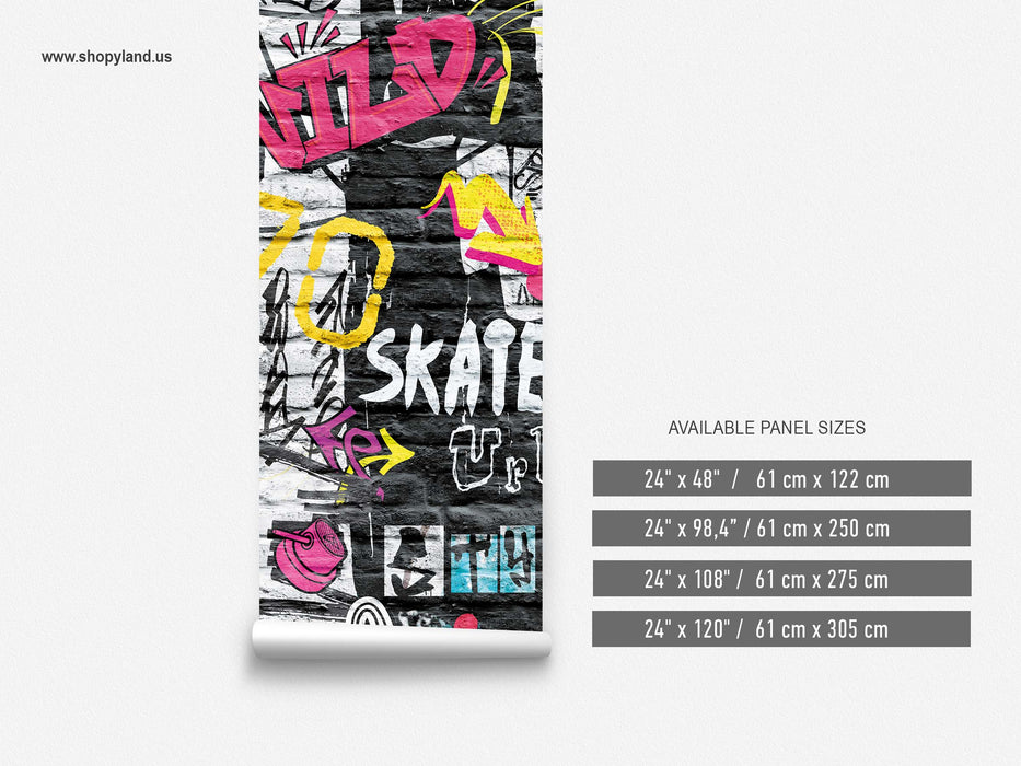 Градски Графити Тапет – Урбан Стрийт Арт на Тухлена Стена – Скейтборд Култура & Поп Арт, Самозалепващ или Традиционен от ShopyLand, W235