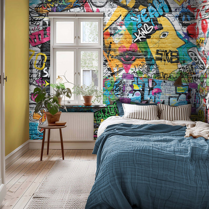 Градски Графити Тапет – Урбан Стрийт Арт на Тухлена Стена – Скейтборд Култура & Поп Арт, Самозалепващ или Традиционен от ShopyLand, W235