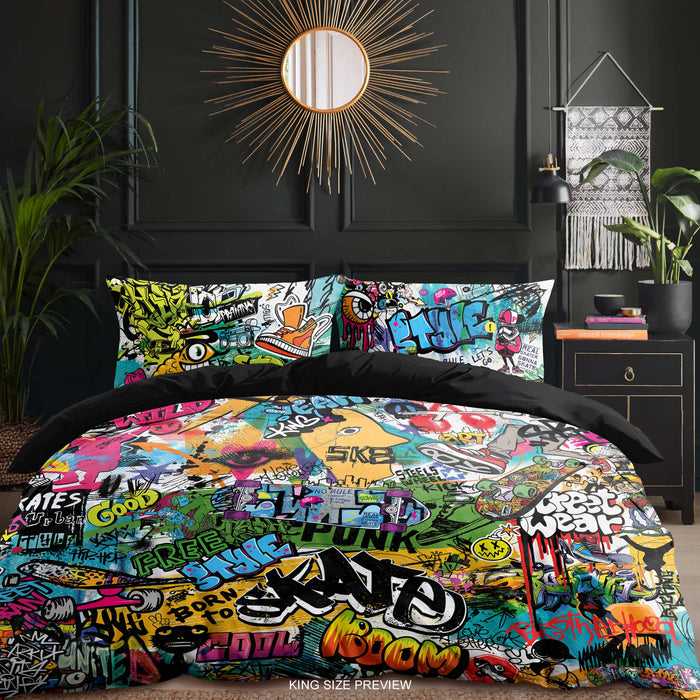 Urban Graffiti Bedding Set – Street Art Hip Hop Duvet Cover – Colorful Modern Bedroom Decor by ShopyLand, B259