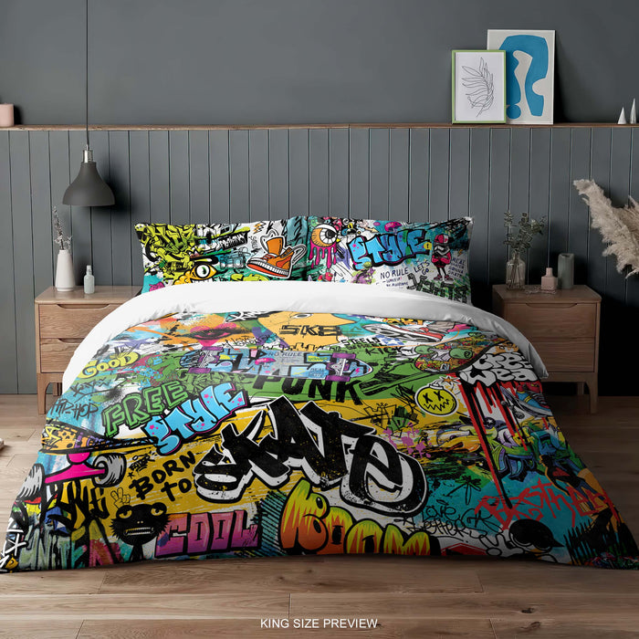 Urban Graffiti Bedding Set – Street Art Hip Hop Duvet Cover – Colorful Modern Bedroom Decor by ShopyLand, B259