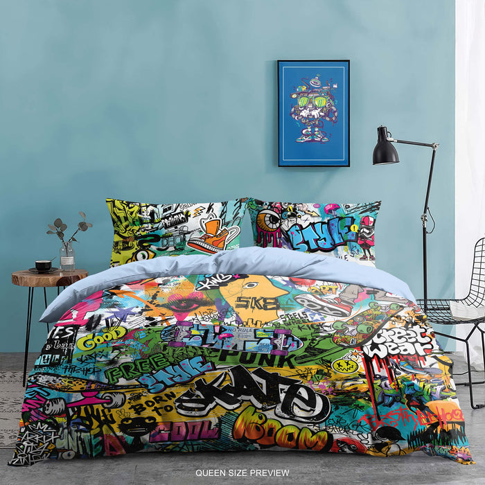 Urban Graffiti Bedding Set – Street Art Hip Hop Duvet Cover – Colorful Modern Bedroom Decor by ShopyLand, B259