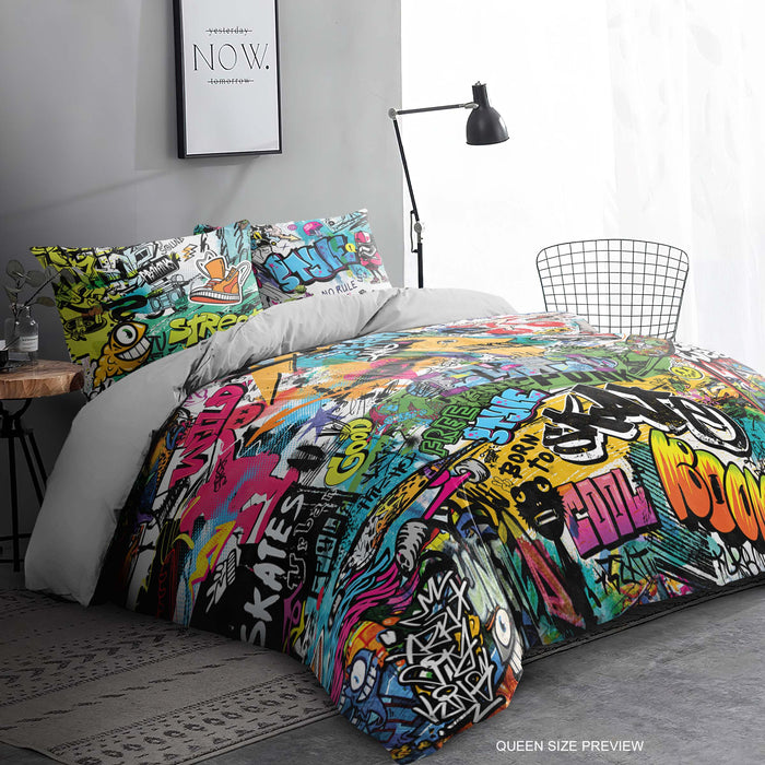 Urban Graffiti Bedding Set – Street Art Hip Hop Duvet Cover – Colorful Modern Bedroom Decor by ShopyLand, B259
