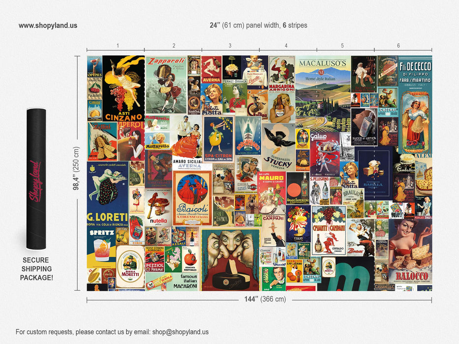 Italian Retro Advertising Wallpaper – Vintage Food & Drink Poster Collage -Old World European Wall Décor by ShopyLand, W200