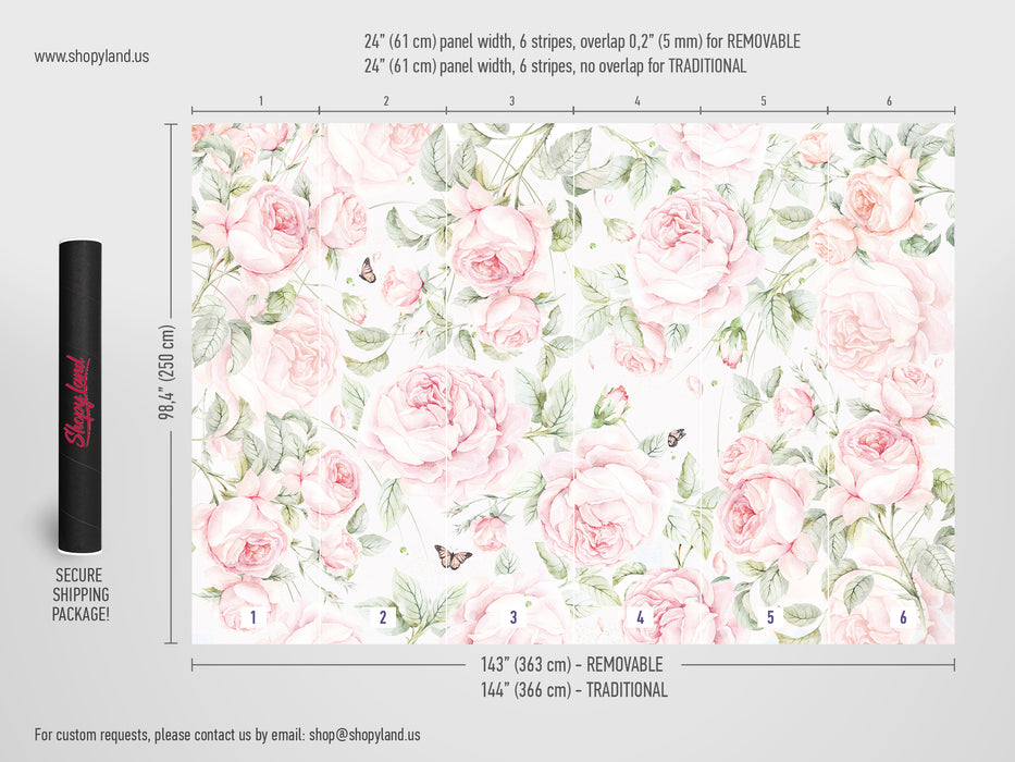 Wild Roses Peel and Stick Wallpaper – Floral Wall Mural – Removable Watercolor Roses, Romantic Botanical Home Art by ShopyLand, W134