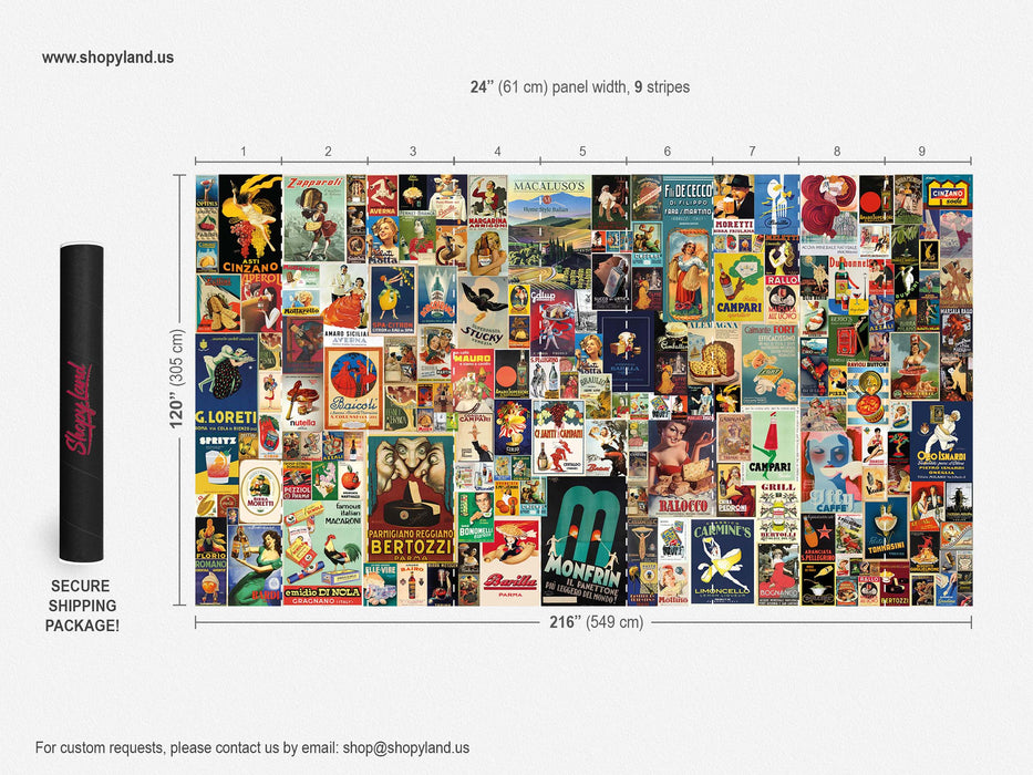 Italian Retro Advertising Wallpaper – Vintage Food & Drink Poster Collage -Old World European Wall Décor by ShopyLand, W200