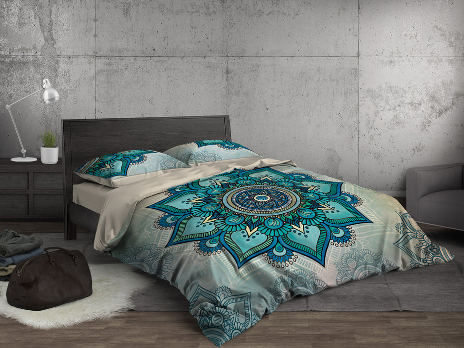 Green Zen Mandala King Size Duvet Cover, Mandala Bohemian Comforter Set, Tribal Boho Dreams Bedding Set, B169