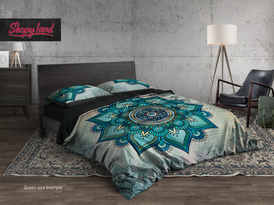Green Zen Mandala King Size Duvet Cover, Mandala Bohemian Comforter Set, Tribal Boho Dreams Bedding Set, B169
