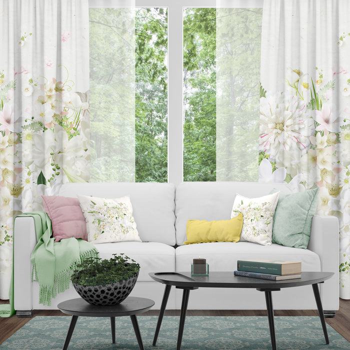 Lily Whisper Window Curtains, Delicate White Blossom Panels, Floral Harmony Window Draperies, Classic Home Rod Pocket Curtains, C15