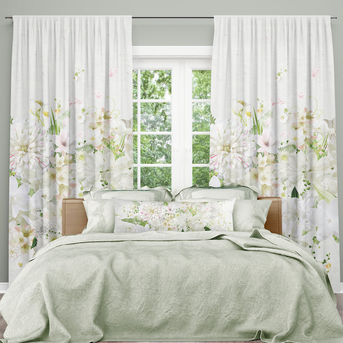 Lily Whisper Window Curtains, Delicate White Blossom Panels, Floral Harmony Window Draperies, Classic Home Rod Pocket Curtains, C15
