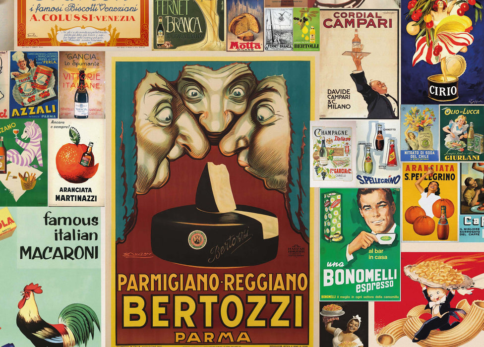 Italian Retro Advertising Wallpaper – Vintage Food & Drink Poster Collage -Old World European Wall Décor by ShopyLand, W200